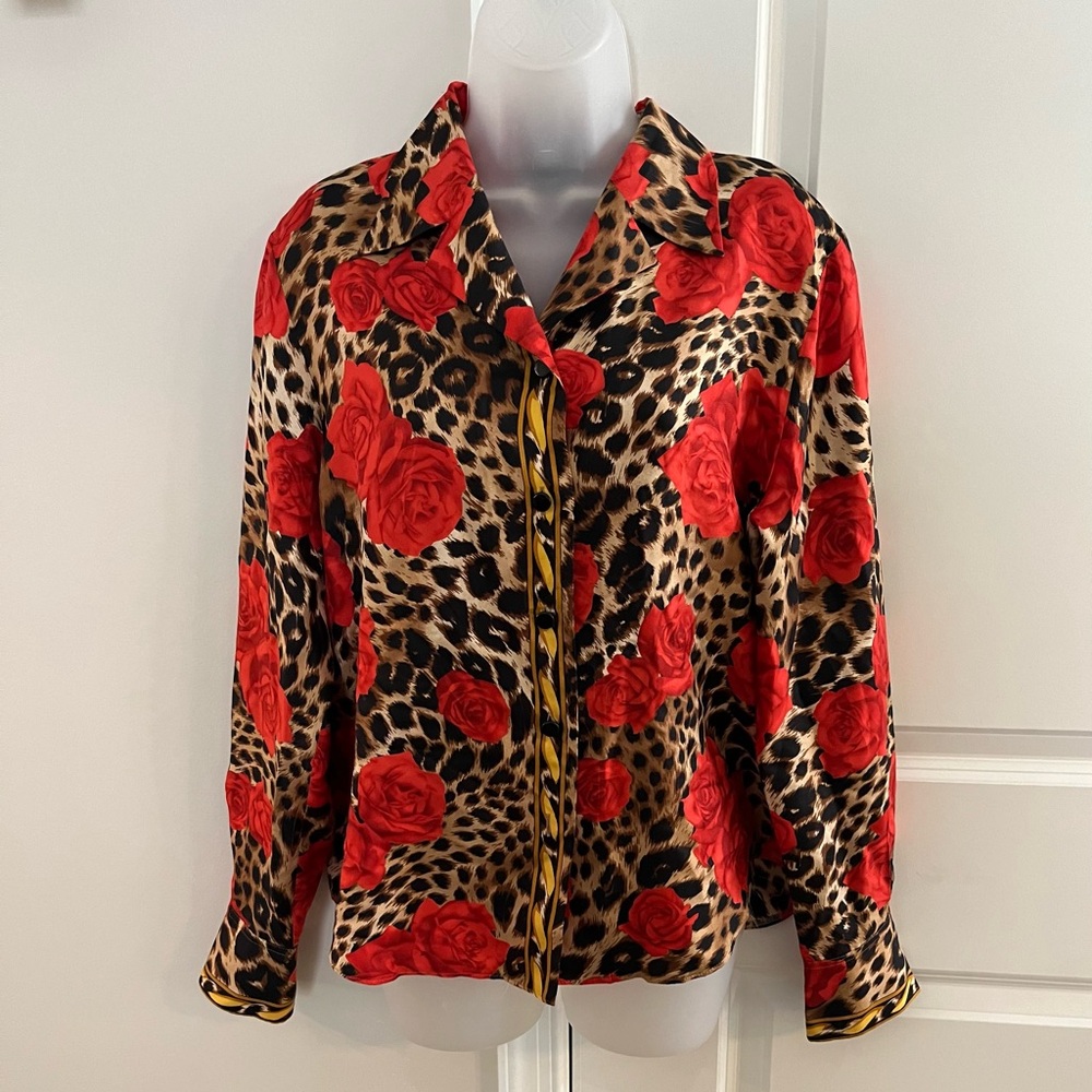 Laurel by Escada Valentines Fav Leopard and Red  Roses Top, sz 10-12